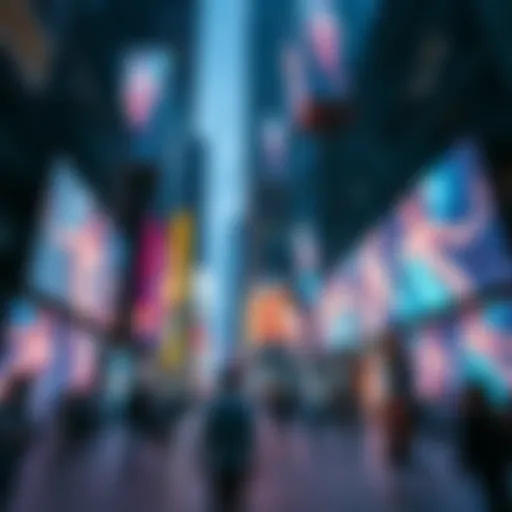 A vibrant public space featuring large screens displaying AI-generated sensual imagery, with people observing and reacting to the visuals.