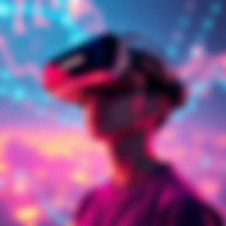 A person wearing a VR headset immersed in a vibrant digital world, showcasing stunning AI-generated graphics and landscapes.