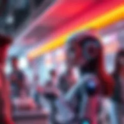 A digital representation of an AI girl engaging with people in a futuristic setting, showcasing technology and social interaction.