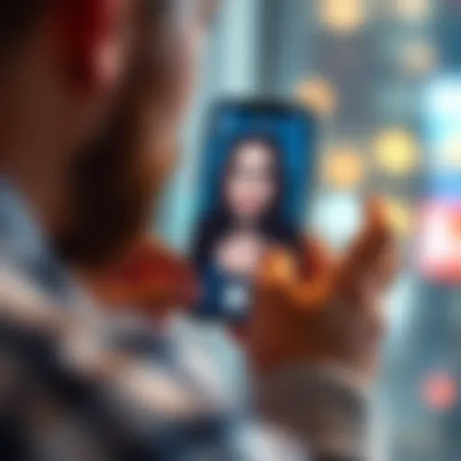 A person interacting with an AI girlfriend app on their smartphone, showcasing a virtual character with customizable features, depicting an immersive experience.