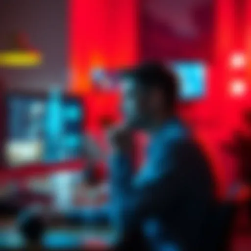 A person sitting at a desk looking at a screen displaying an AI girlfriend, with a thoughtful expression on their face.