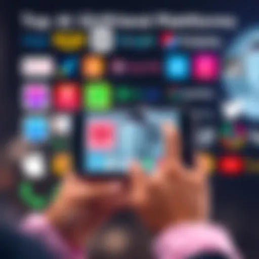 A collage of various AI girlfriend platform logos alongside a person using a smartphone for video calls with an AI character on screen.