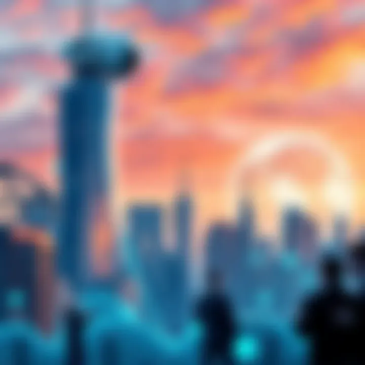 A city skyline with technology elements representing AI and globalization. In the foreground, people interact with digital devices while a globe is visible in the background, symbolizing global connection.