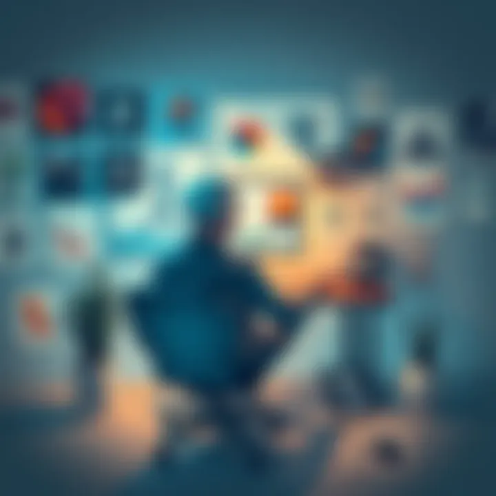 A graphic designer sits at a computer surrounded by digital artwork, pondering the impact of AI on creativity. Some pieces show traditional art, while others are AI-generated. Various tools and sketch...