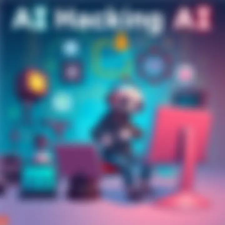 A fun illustration showing a cartoon character playfully interacting with an AI system, surrounded by humorous hacking tools and digital elements.