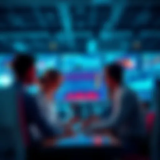 Managers reviewing AI data on hiring processes with screens and charts in an office setting.