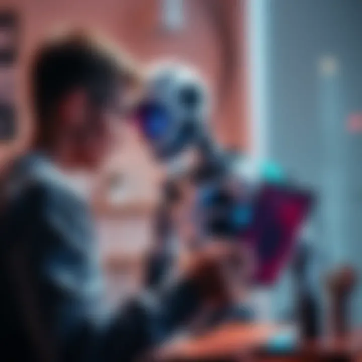 A person painting with a digital tablet while a robot assists in the background, symbolizing AI's impact on hobbies.
