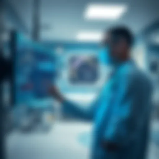A doctor interacts with a screen displaying AI data analytics for patient care in a hospital room