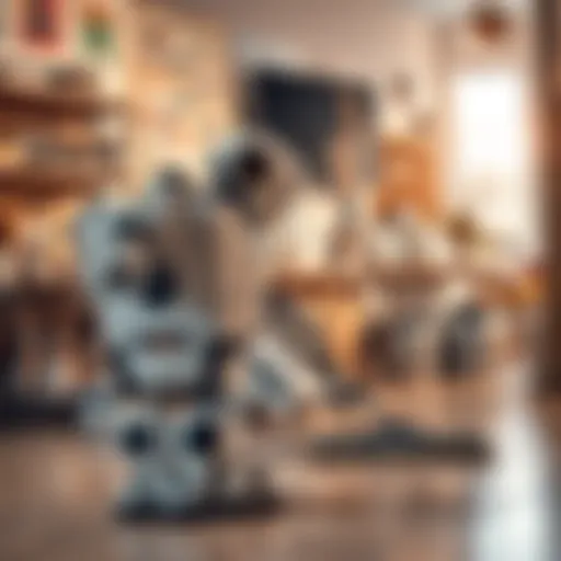 A robot cleaning the floor while art supplies are visible in the background.