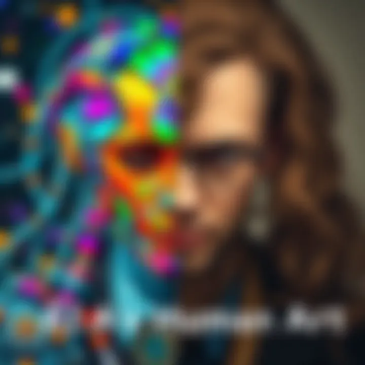 A split image showing a colorful AI-generated artwork on one side and a traditional painting by a human artist on the other side, illustrating the debate between technology and creativity.