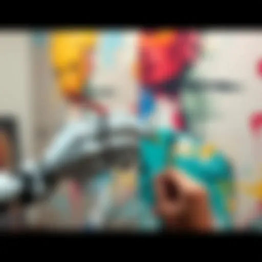 A visual contrast between a robotic hand holding a paintbrush and a human hand creating a painting, symbolizing the difference in emotional expression between AI and human artists.