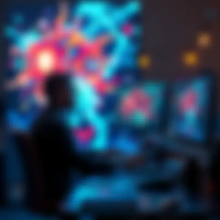 A person sitting at a computer creating art while an AI program generates images on the screen, highlighting the discussion of authorship in digital art.
