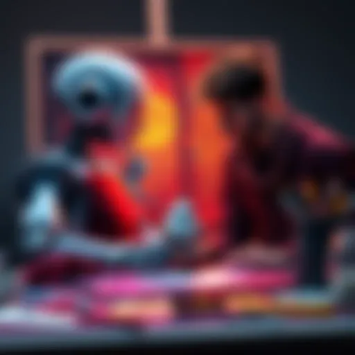 An AI and a human artist collaborating on a canvas, showcasing a blend of technical skill and emotional expression in their artwork