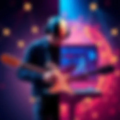 A split image showing a human musician playing guitar on one side and a computer generating music on the other side.