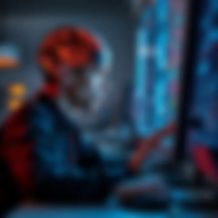 A person working with a computer while pondering the effects of AI on intelligence. The scene shows a thoughtful expression and a digital interface with data.