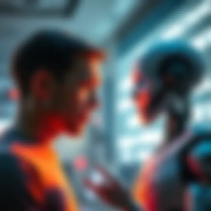 A human and a robot interacting, with the human looking confused while the robot appears advanced and intelligent, symbolizing the contrast between human intelligence and AI.