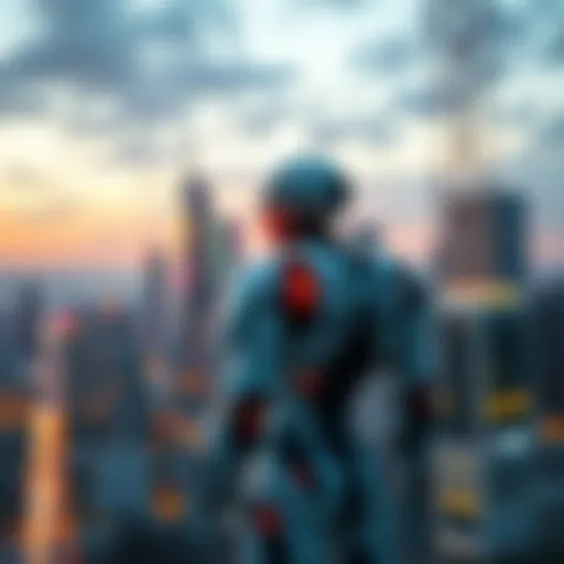 A futuristic robot standing in front of a city skyline, symbolizing the relationship between advanced AI and human infrastructure.