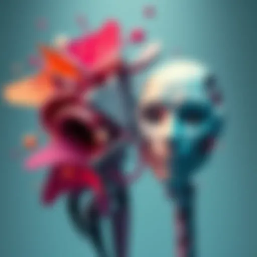 A comparison of AI and human creativity, showcasing abstract shapes interpreted by a human and an AI with a blank expression, highlighting the struggle with deeper meanings.