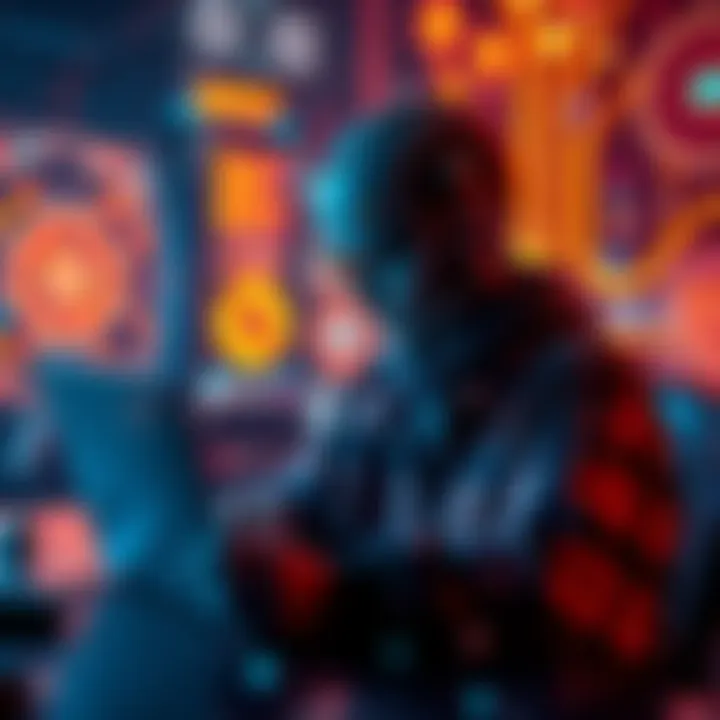 A person using a laptop with digital art and AI elements around them, representing the intersection of technology and creativity.