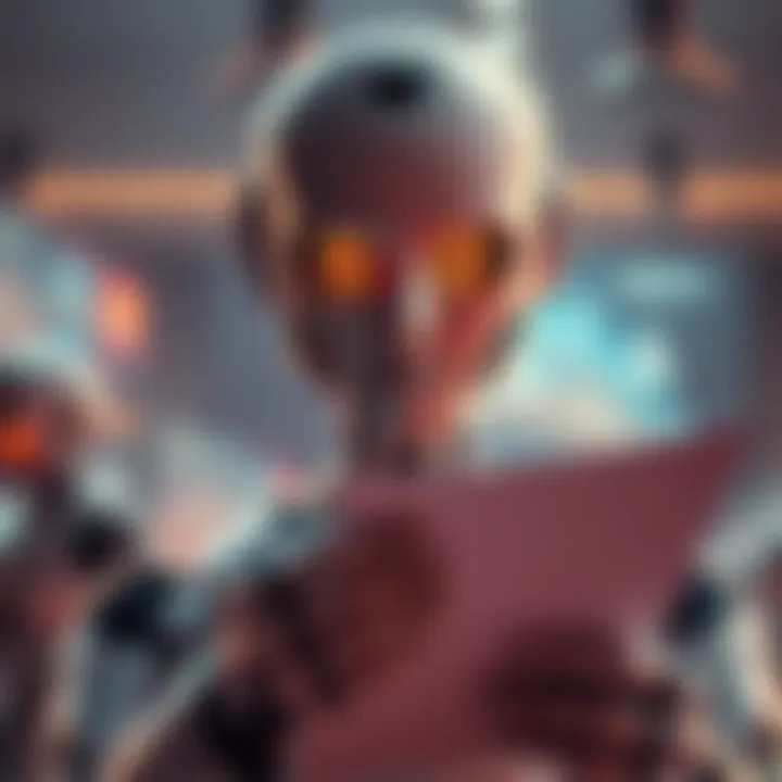 A robot with a confused expression looking at a piece of paper with outrageous human content.