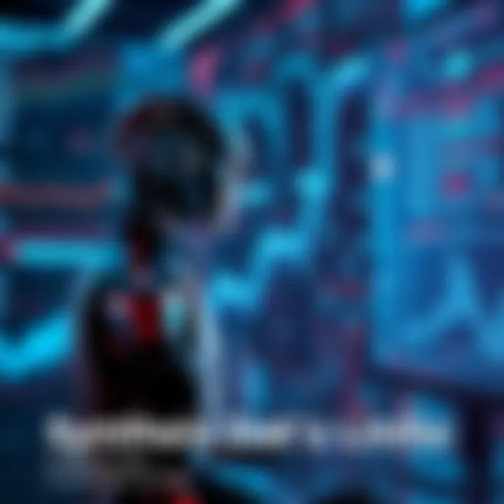 A visual representation of AI learning from synthetic data, showing a human and a computer in dialogue, with charts and text in the background illustrating data flow.