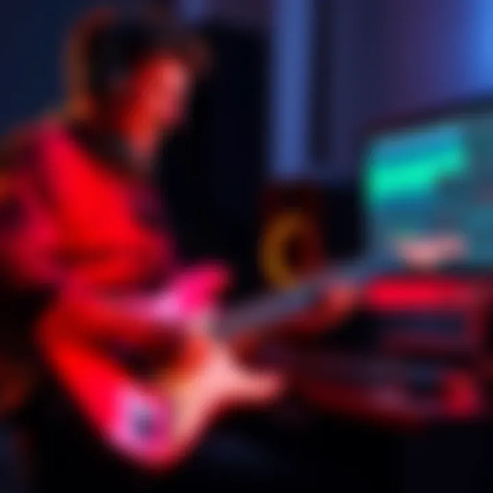 A human musician passionately playing a guitar next to a computer with music software representing AI, highlighting the contrast in emotional expression.