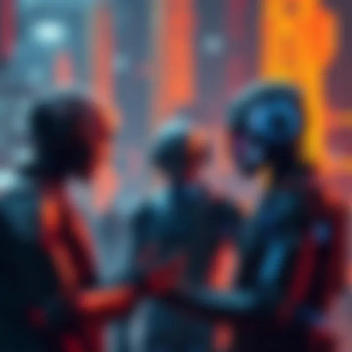 A visual representation of artificial intelligence interacting with humans in a futuristic setting.