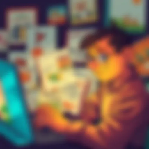 A person looking frustrated while browsing for AI illustration tools on a laptop, surrounded by children's book illustrations.