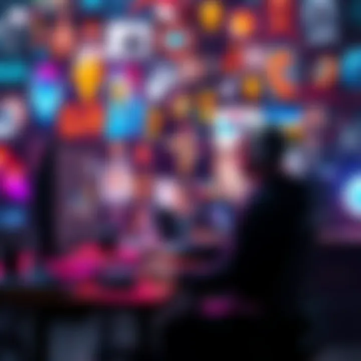 Person using a computer to generate AI art, surrounded by colorful digital images and tools, reflecting on the role of technology in art.