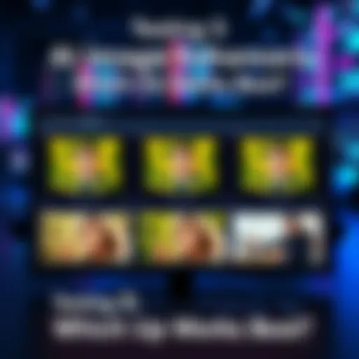 Five different AI image enhancement tools displayed on a screen with before and after photo examples