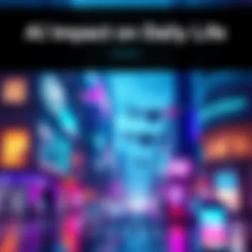 A futuristic city scene showcasing advanced AI technology in daily life, with smart homes, drones, and people interacting with AI devices.