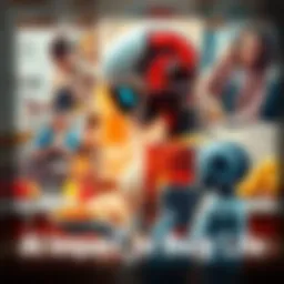 A collage showing a robot assisting in various daily tasks like cooking, working, and creating art, illustrating AI's influence in daily life and creativity.