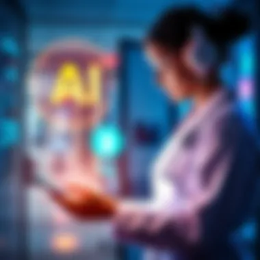 AI Impact in Hospitals A nurse using a tablet to access patient data, with AI technology graphics in the background