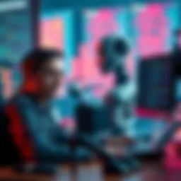 A coder at a desk looking worried while an AI robot operates a computer in the background, highlighting the job threat to coders.