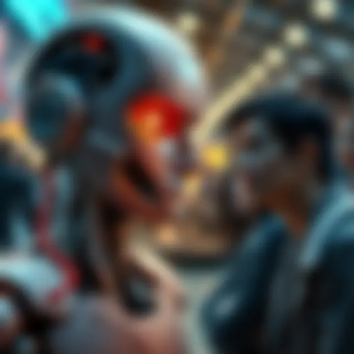 A split image showing a robot on one side and a group of people looking worried on the other, symbolizing the effects of AI on employment and economy.