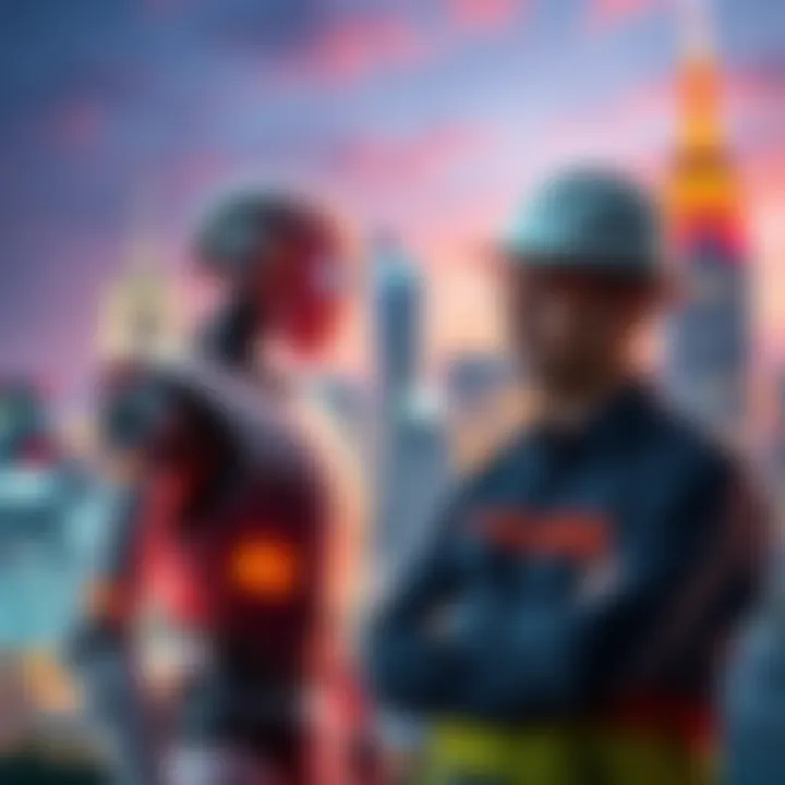 A robot symbolizing AI stands beside a worker looking worried about job security and changes in their future, with a city skyline in the background.