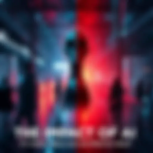 A split image showing positive and negative effects of AI on daily life, with people using technology on one side and a lonely figure on the other.