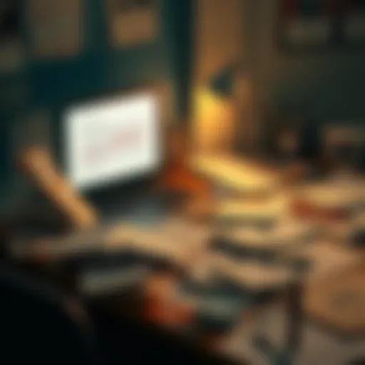 A cluttered desk with a laptop showing poorly written content, papers scattered around, and a frustrated writer looking at the screen.