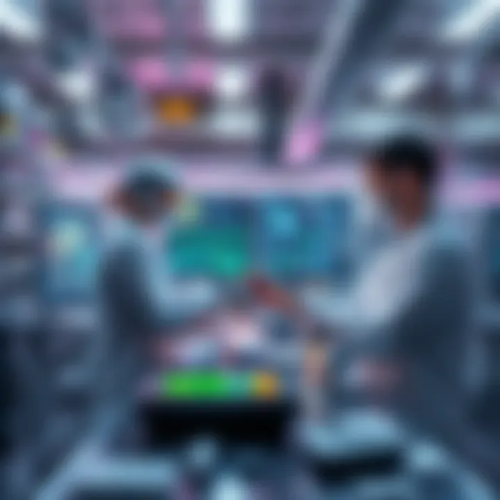 A futuristic lab scene showing scientists using AI technology on biotechnological research with data screens