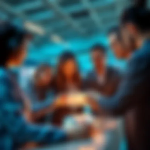 A team of professionals collaborating around a digital tablet discussing AI applications in a corporate setting.
