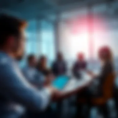 A business team discussing AI tools for efficiency in a meeting room.
