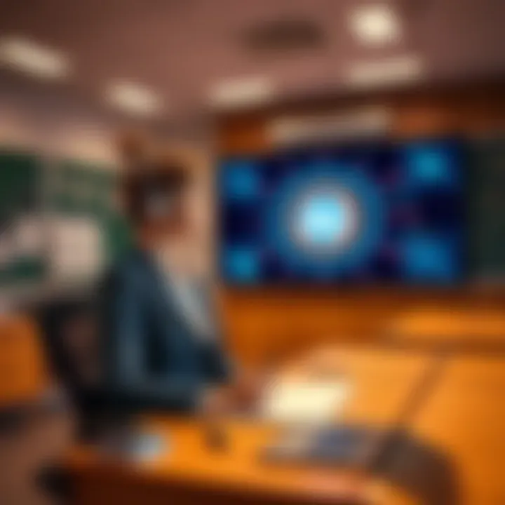 A teacher and a digital screen displaying AI technology in a classroom setting, highlighting the interaction between education and technology.