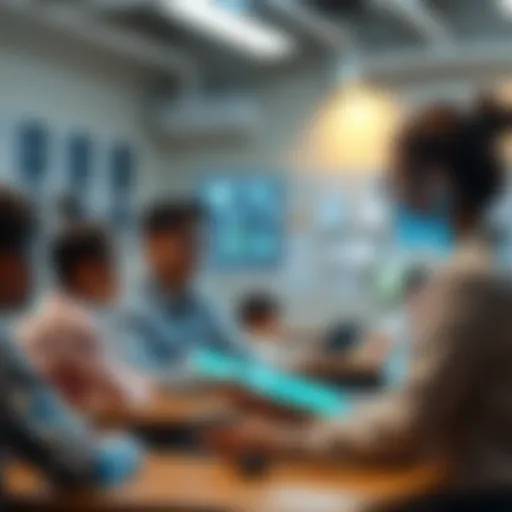 A teacher using a tablet to guide students in a modern classroom with AI tools