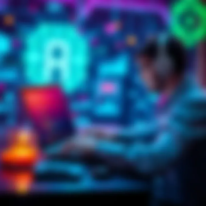 AI in Coding A person coding on a laptop with AI elements in the background representing technology and ethics