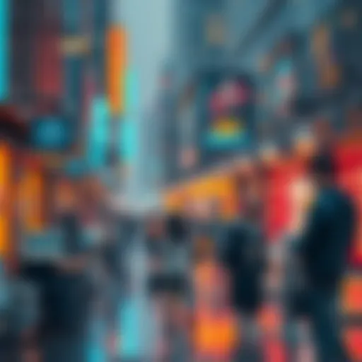 A busy urban scene showing people using AI devices at work and in personal interactions