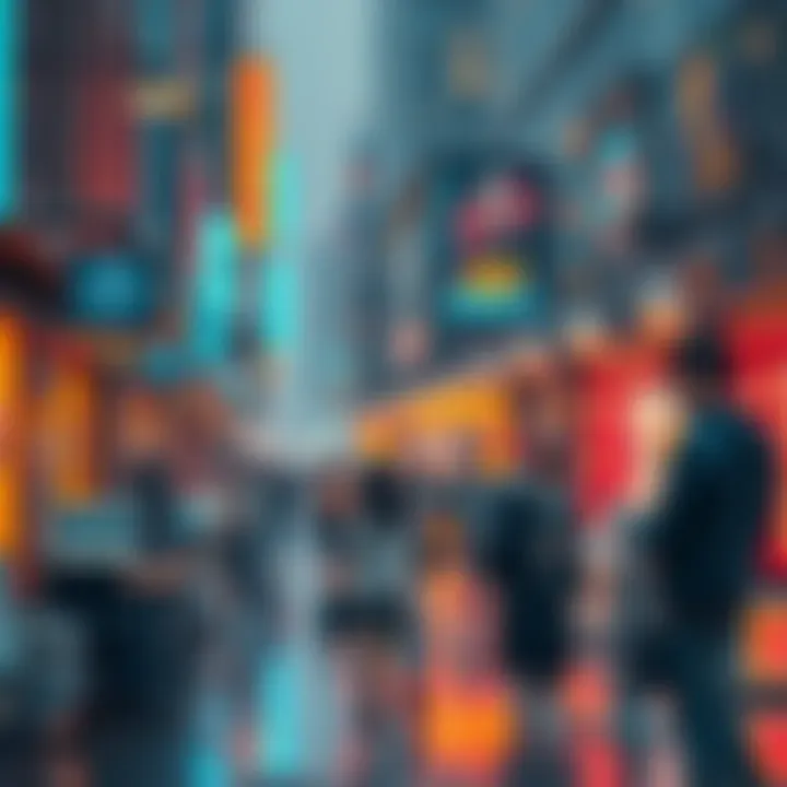 A busy urban scene showing people using AI devices at work and in personal interactions