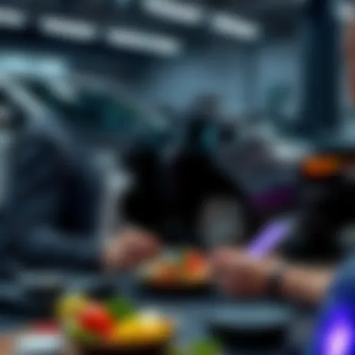 A person cooking a keto meal while using an AI assistant on a tablet and a car being repaired in the background.