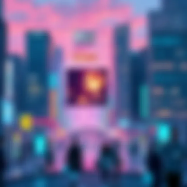 A cityscape showing people using artificial intelligence technology in various ways, such as smart devices and healthcare solutions.