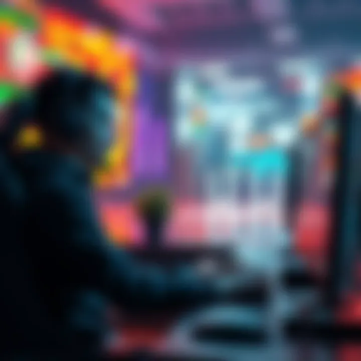 A game developer working on a computer, using AI tools to create realistic NPC interactions in a game environment.