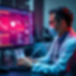 A healthcare professional analyzes data on a computer screen while an AI digital interface displays health insights.